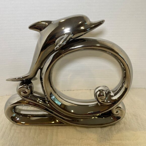 Large Vintage Herco Dolphin Figurine On Wave Decorative Sculpture Chrome Modern - Picture 2 of 12